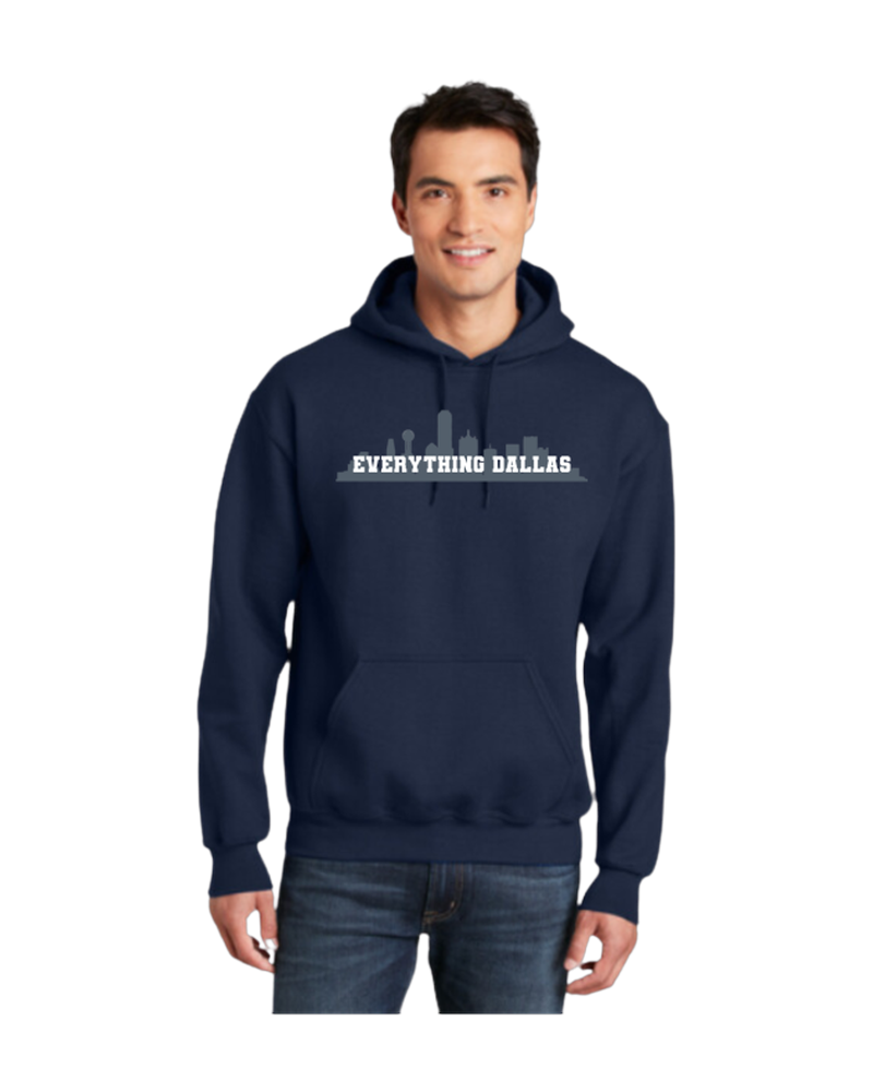 Navy pullover hoodie, front skyline print